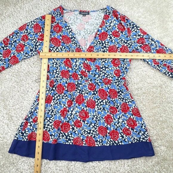 Modcloth Blue Red Floral Roses Surplice Wrap Blouse Top - Picture 8 of 9